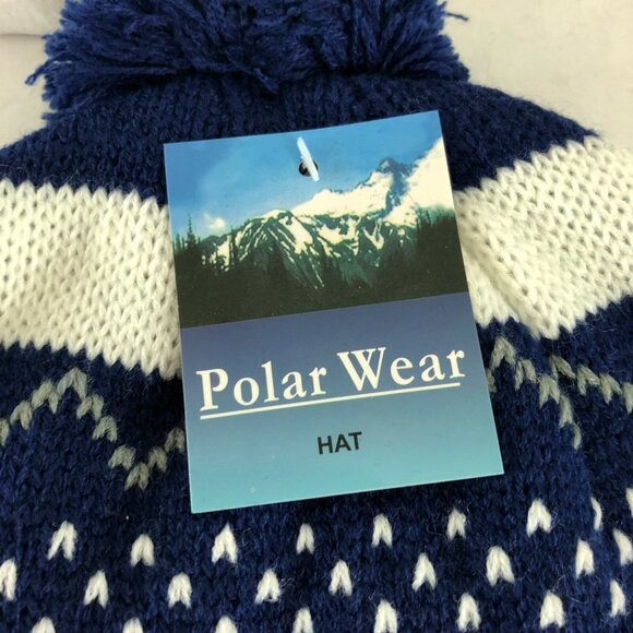 Polar Wear Kids Beanie Hat Ear Flaps Fleece Lined Striped Knit Pom Blue White OS - Picture 5 of 6